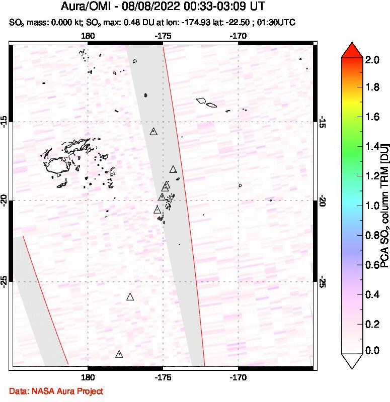 A sulfur dioxide image over Tonga, South Pacific on Aug 08, 2022.