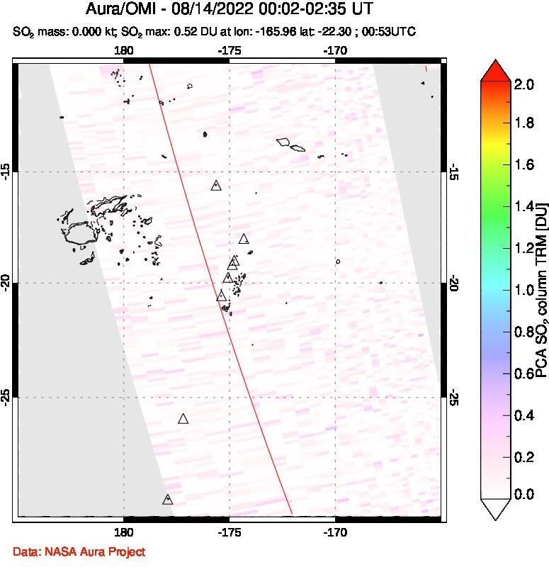 A sulfur dioxide image over Tonga, South Pacific on Aug 14, 2022.