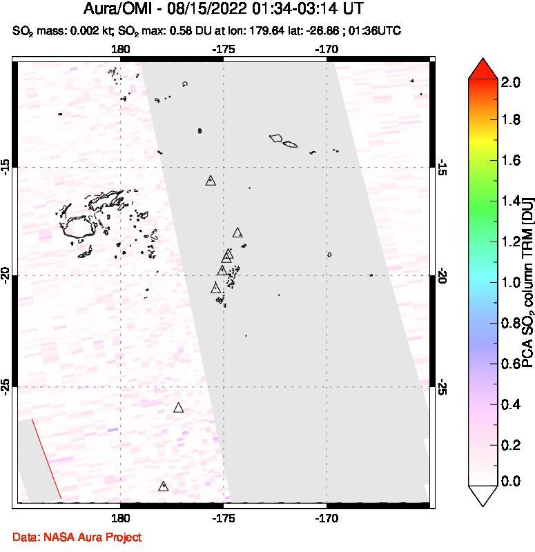 A sulfur dioxide image over Tonga, South Pacific on Aug 15, 2022.