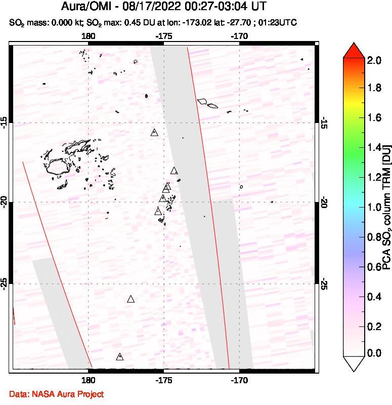 A sulfur dioxide image over Tonga, South Pacific on Aug 17, 2022.