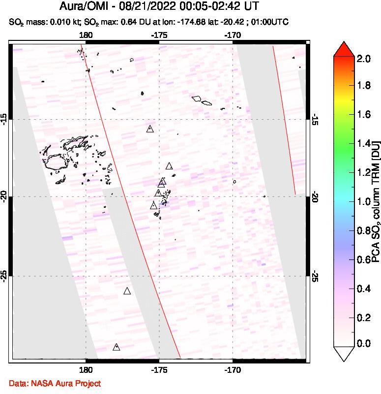 A sulfur dioxide image over Tonga, South Pacific on Aug 21, 2022.