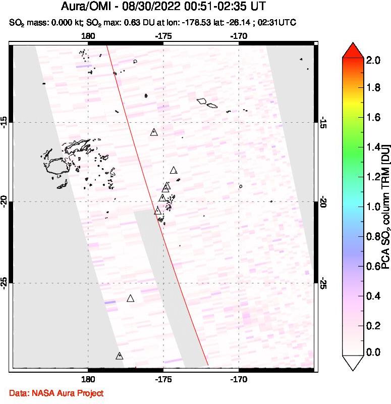 A sulfur dioxide image over Tonga, South Pacific on Aug 30, 2022.