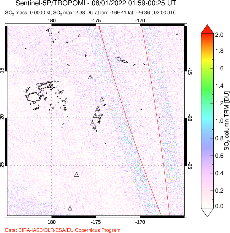A sulfur dioxide image over Tonga, South Pacific on Aug 01, 2022.