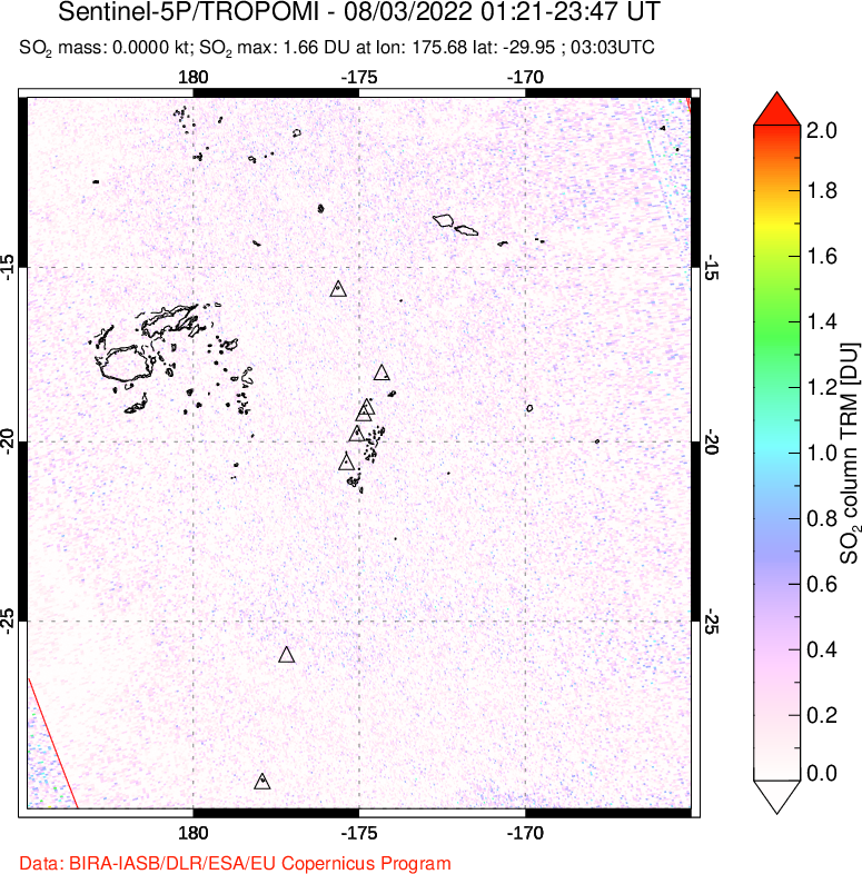A sulfur dioxide image over Tonga, South Pacific on Aug 03, 2022.