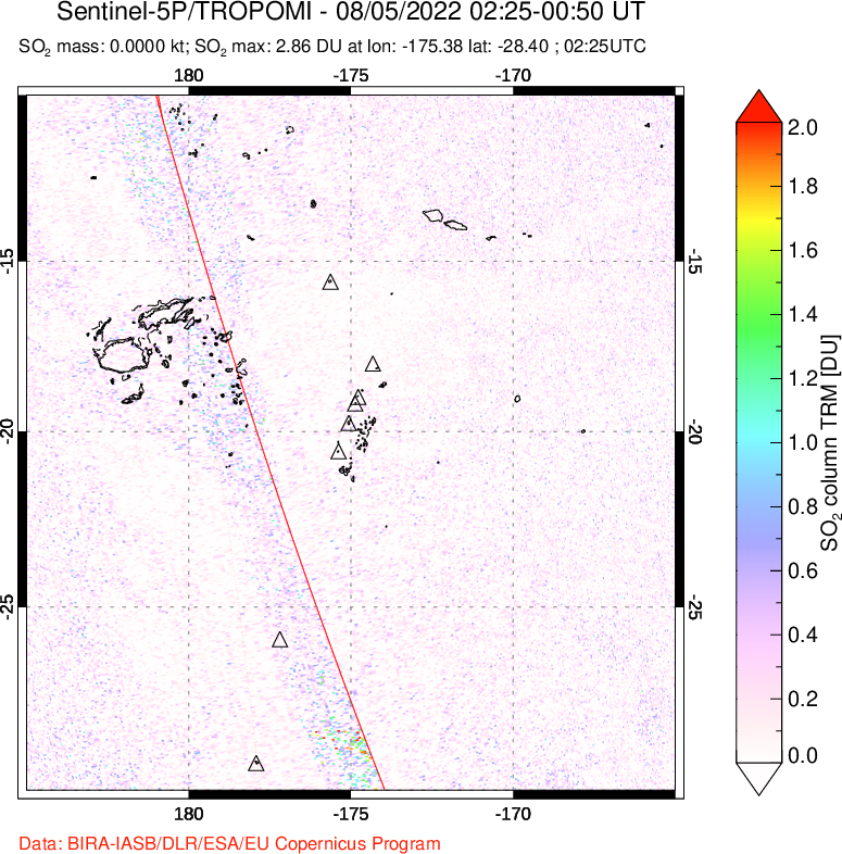 A sulfur dioxide image over Tonga, South Pacific on Aug 05, 2022.
