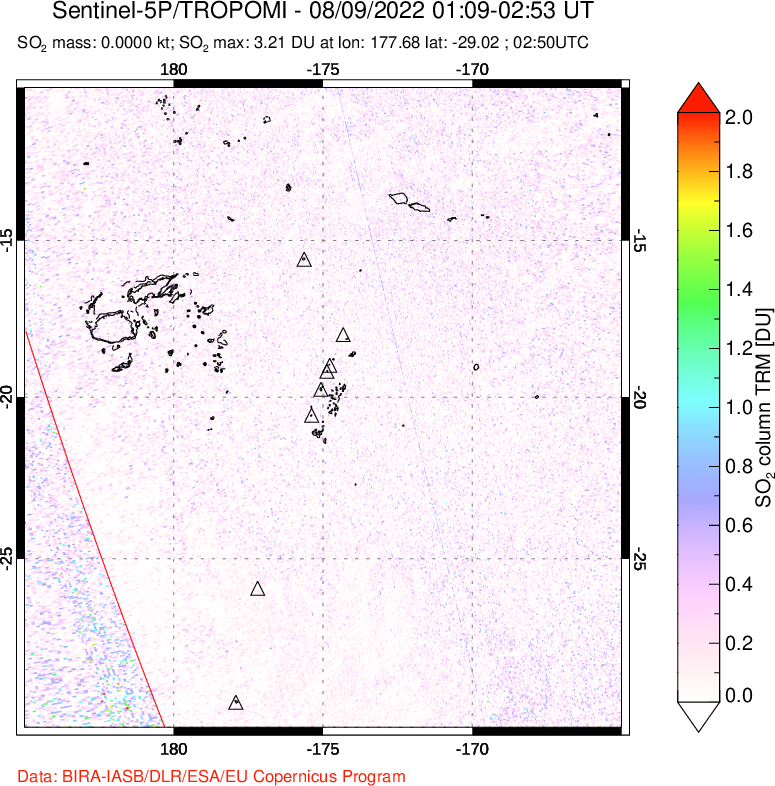 A sulfur dioxide image over Tonga, South Pacific on Aug 09, 2022.