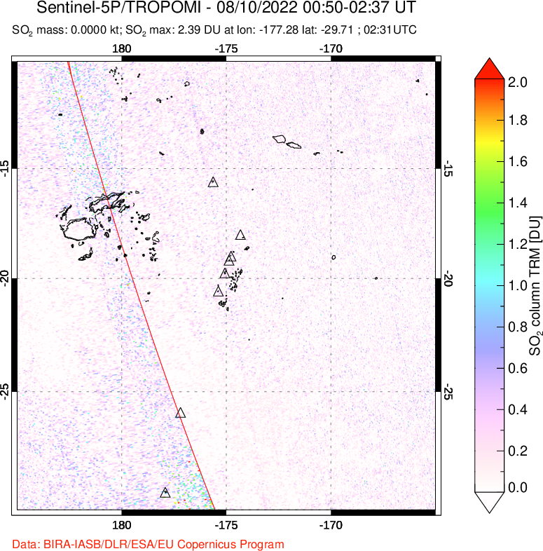 A sulfur dioxide image over Tonga, South Pacific on Aug 10, 2022.