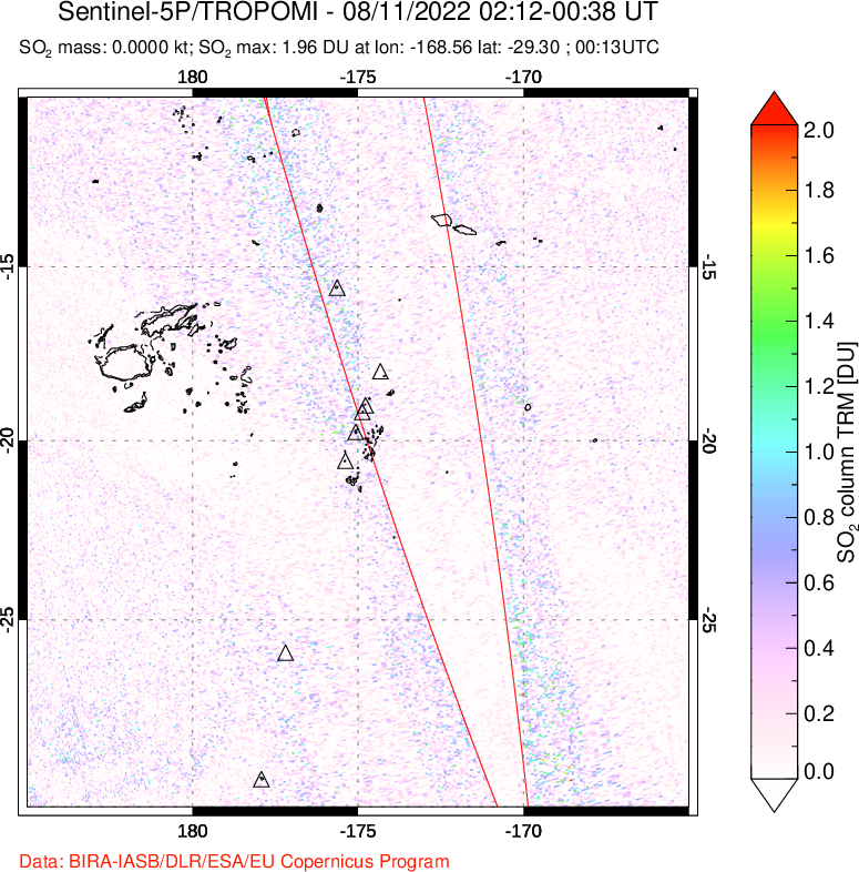 A sulfur dioxide image over Tonga, South Pacific on Aug 11, 2022.