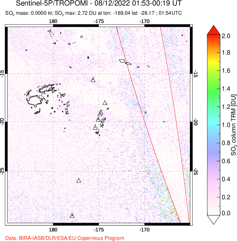 A sulfur dioxide image over Tonga, South Pacific on Aug 12, 2022.