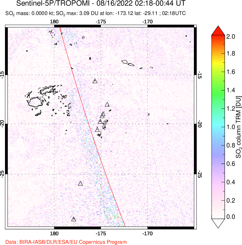 A sulfur dioxide image over Tonga, South Pacific on Aug 16, 2022.