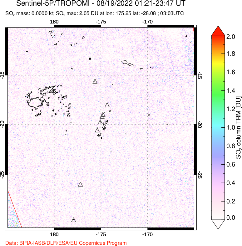 A sulfur dioxide image over Tonga, South Pacific on Aug 19, 2022.