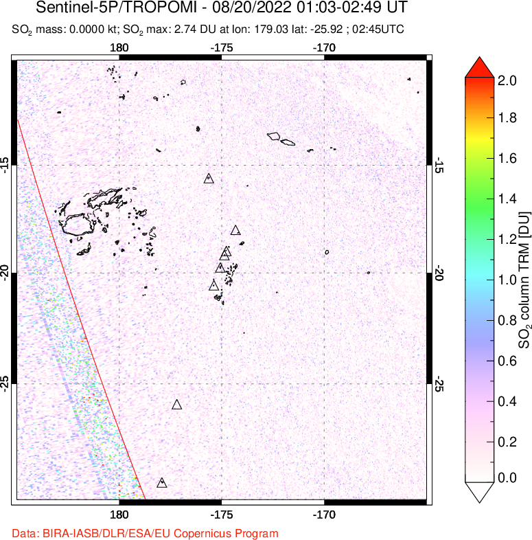 A sulfur dioxide image over Tonga, South Pacific on Aug 20, 2022.
