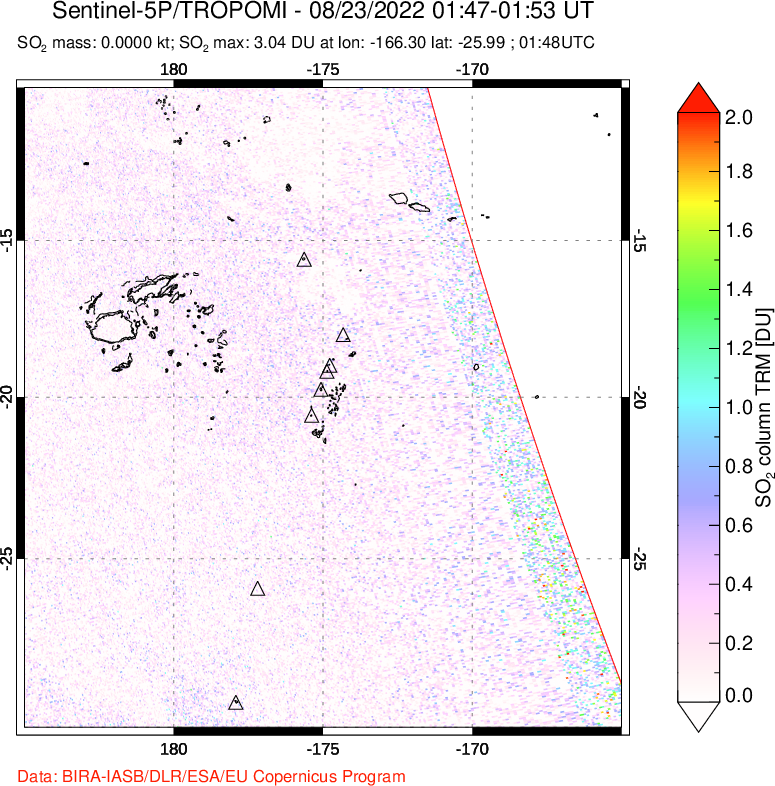 A sulfur dioxide image over Tonga, South Pacific on Aug 23, 2022.