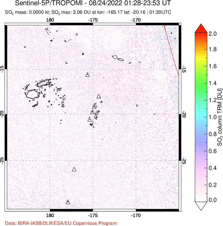 A sulfur dioxide image over Tonga, South Pacific on Aug 24, 2022.