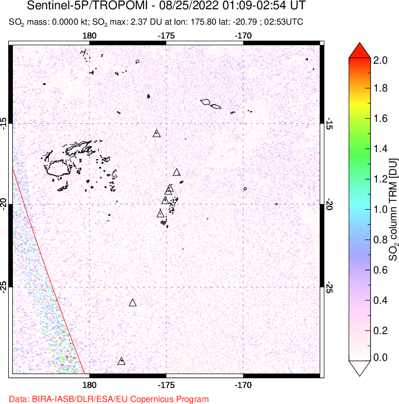 A sulfur dioxide image over Tonga, South Pacific on Aug 25, 2022.