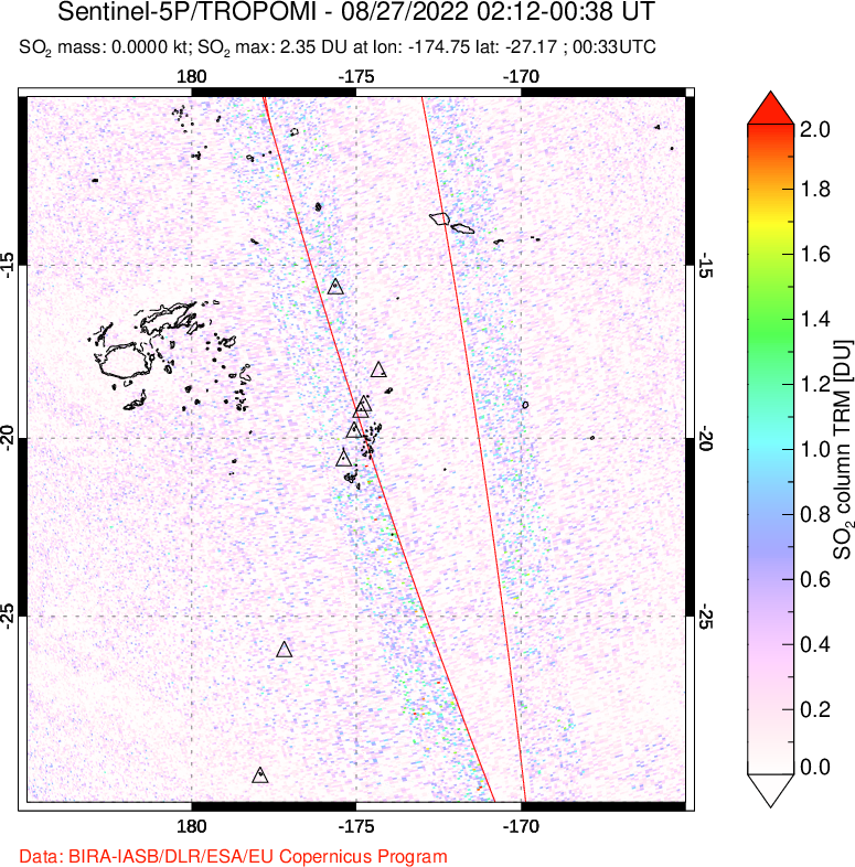 A sulfur dioxide image over Tonga, South Pacific on Aug 27, 2022.