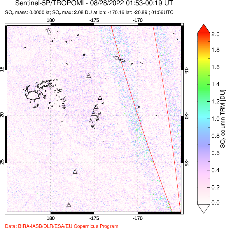 A sulfur dioxide image over Tonga, South Pacific on Aug 28, 2022.