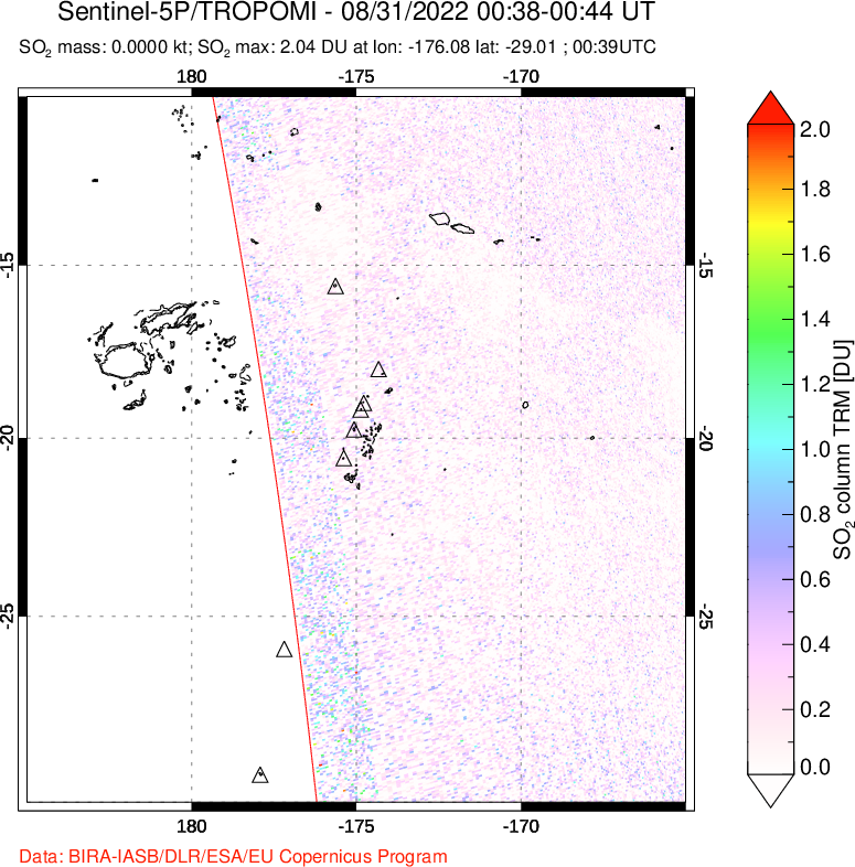 A sulfur dioxide image over Tonga, South Pacific on Aug 31, 2022.