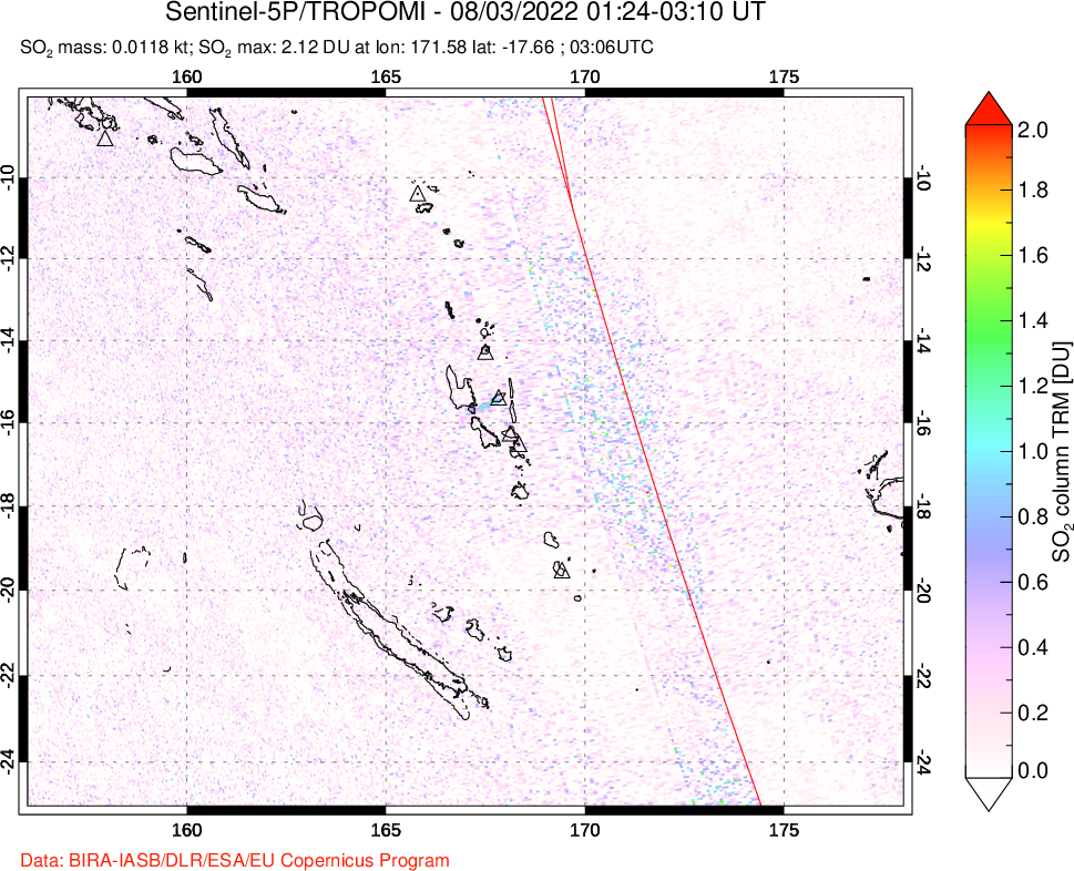 A sulfur dioxide image over Vanuatu, South Pacific on Aug 03, 2022.