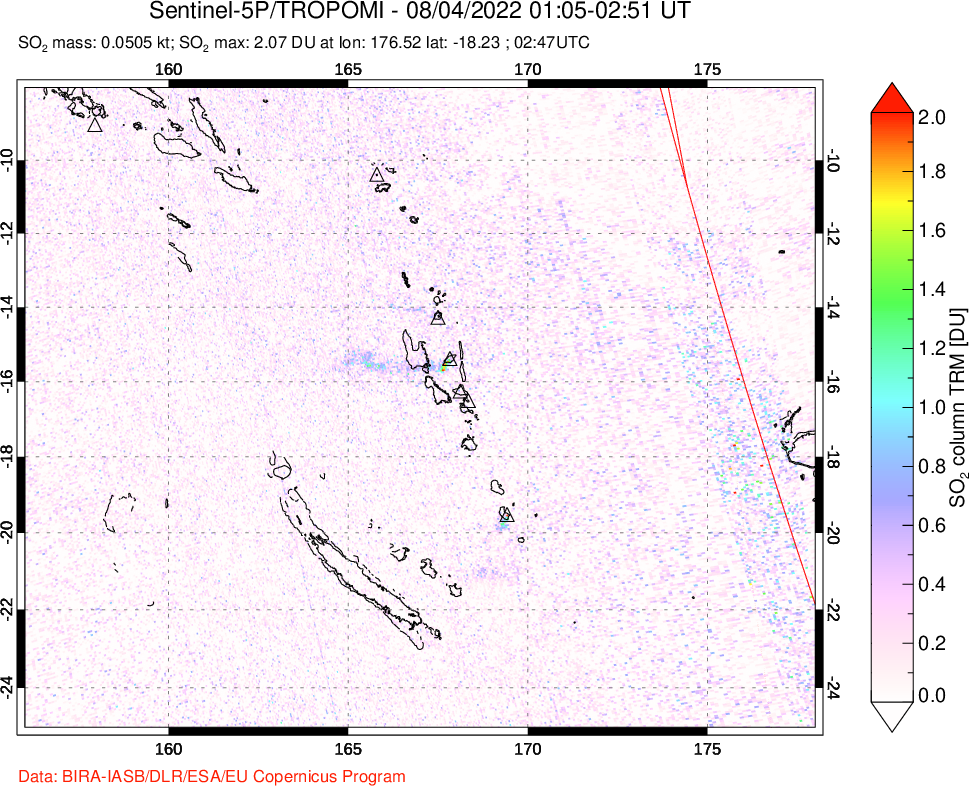 A sulfur dioxide image over Vanuatu, South Pacific on Aug 04, 2022.