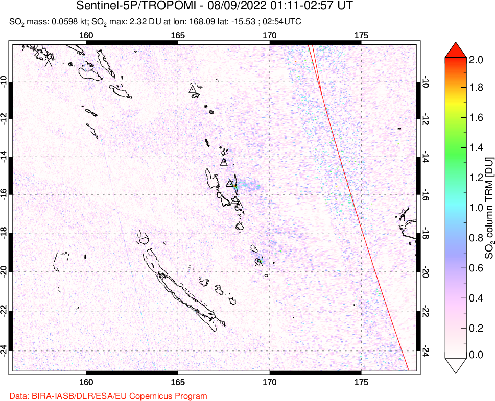 A sulfur dioxide image over Vanuatu, South Pacific on Aug 09, 2022.