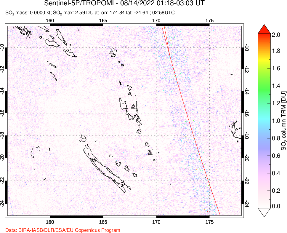 A sulfur dioxide image over Vanuatu, South Pacific on Aug 14, 2022.