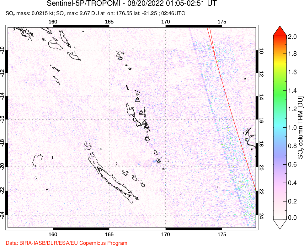 A sulfur dioxide image over Vanuatu, South Pacific on Aug 20, 2022.