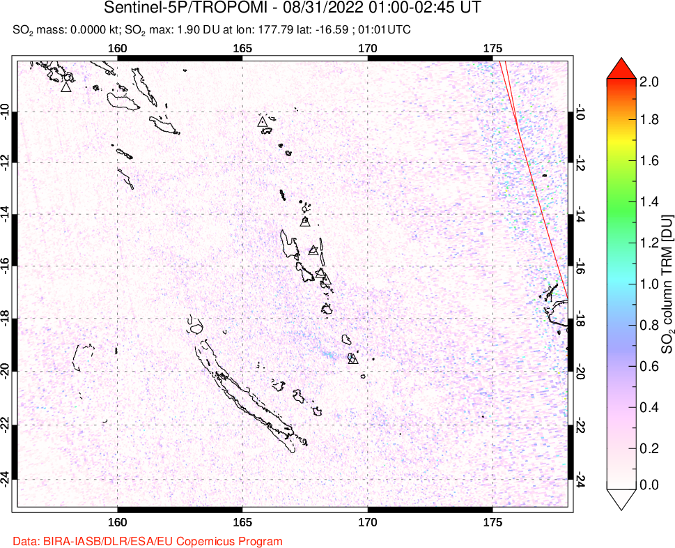 A sulfur dioxide image over Vanuatu, South Pacific on Aug 31, 2022.