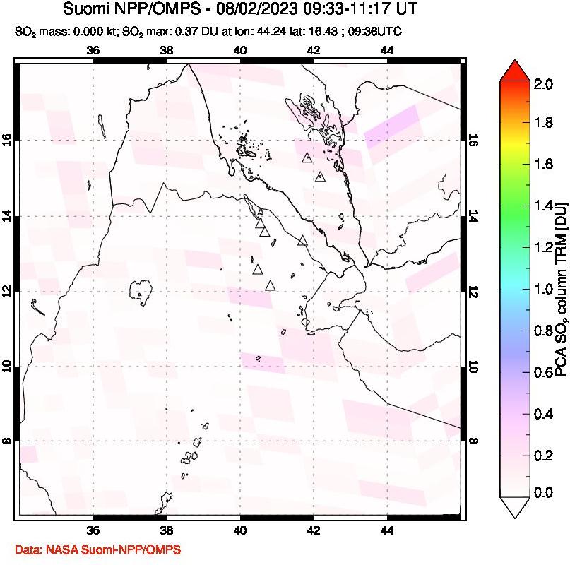 A sulfur dioxide image over Afar and southern Red Sea on Aug 02, 2023.