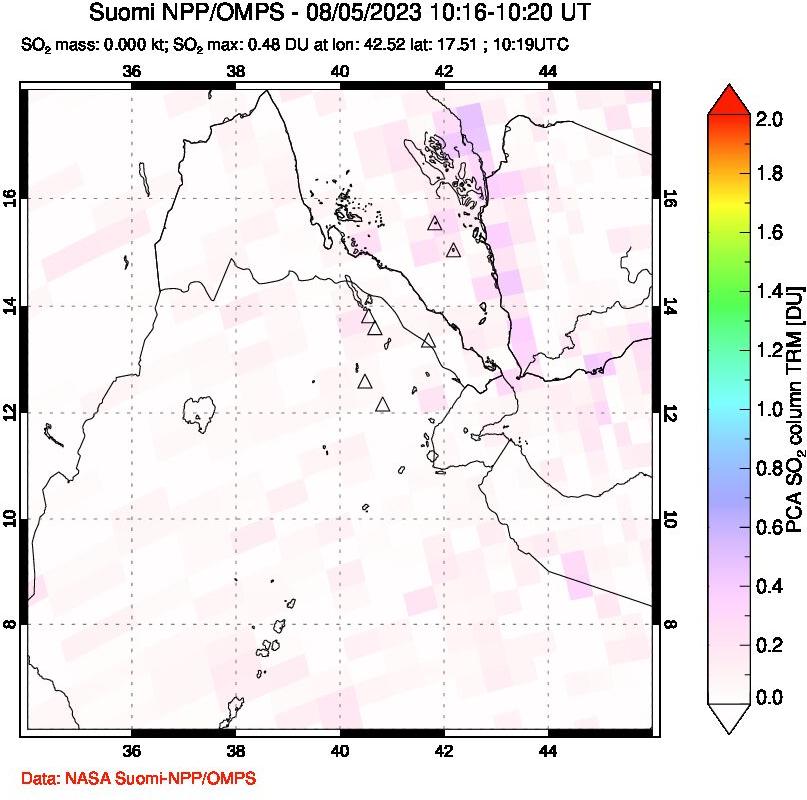 A sulfur dioxide image over Afar and southern Red Sea on Aug 05, 2023.
