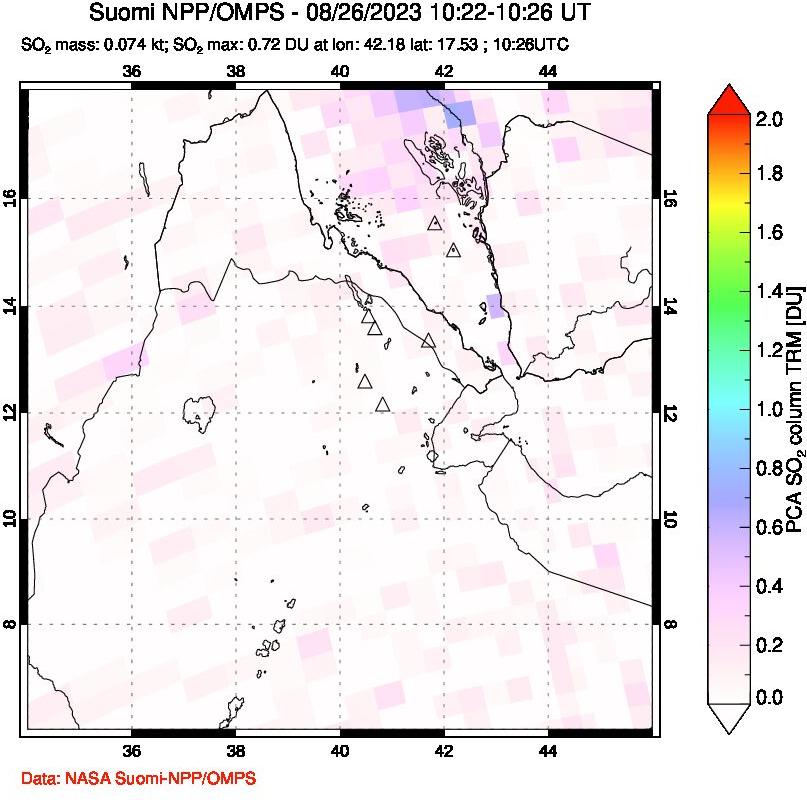 A sulfur dioxide image over Afar and southern Red Sea on Aug 26, 2023.