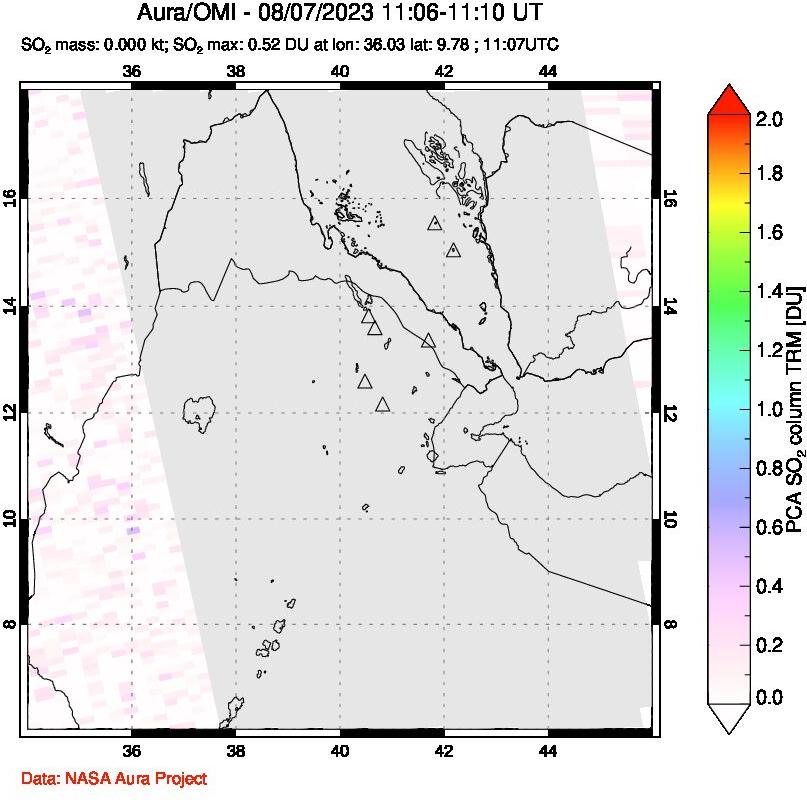 A sulfur dioxide image over Afar and southern Red Sea on Aug 07, 2023.