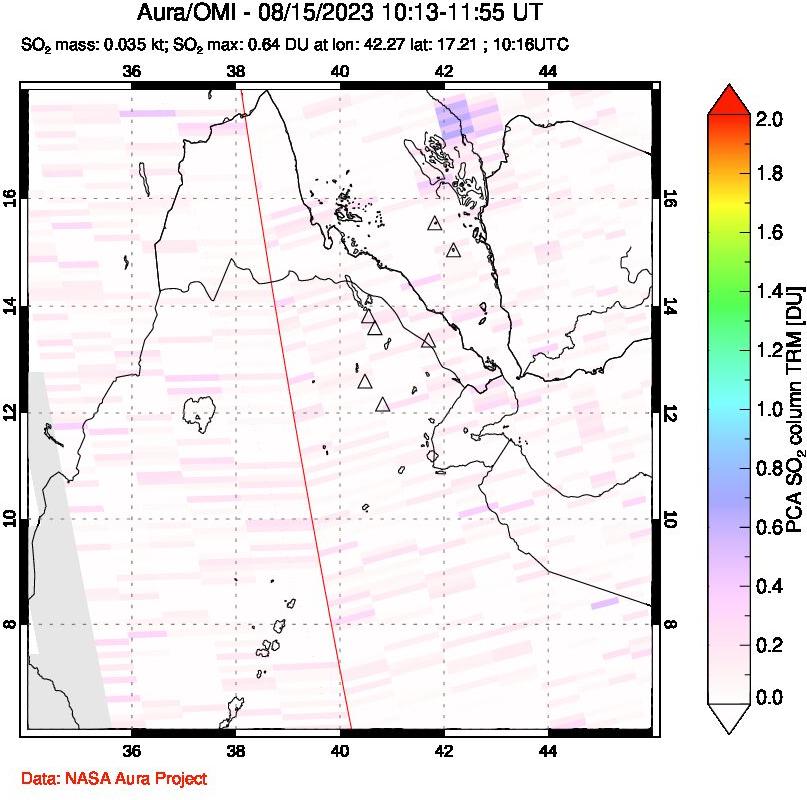 A sulfur dioxide image over Afar and southern Red Sea on Aug 15, 2023.