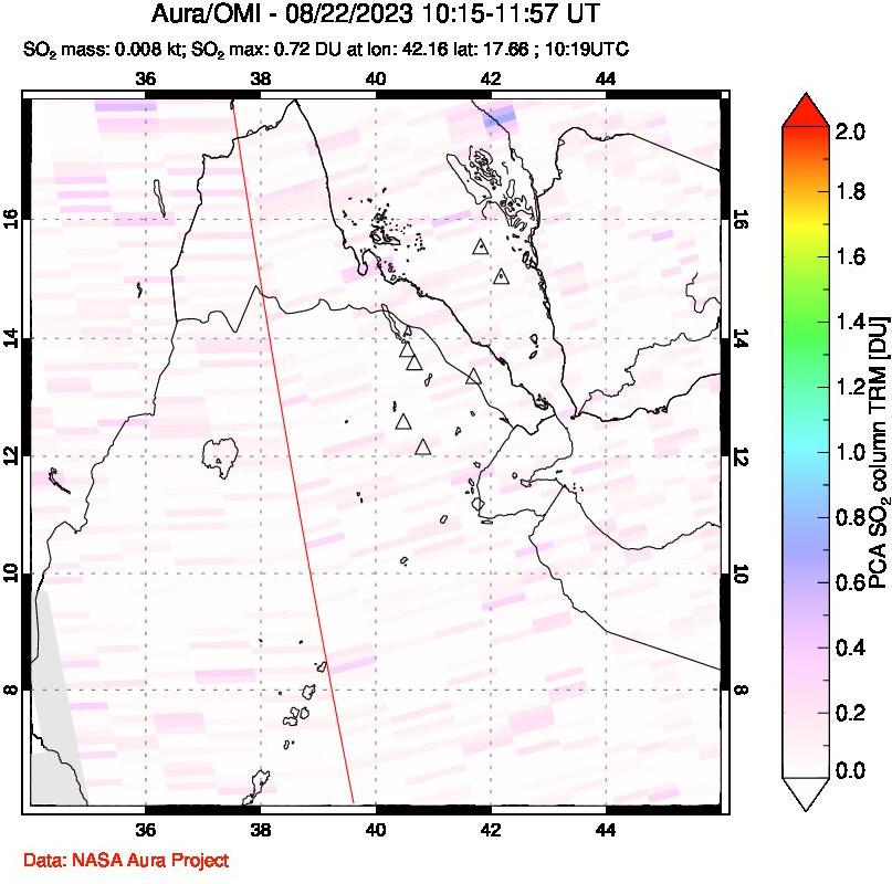 A sulfur dioxide image over Afar and southern Red Sea on Aug 22, 2023.