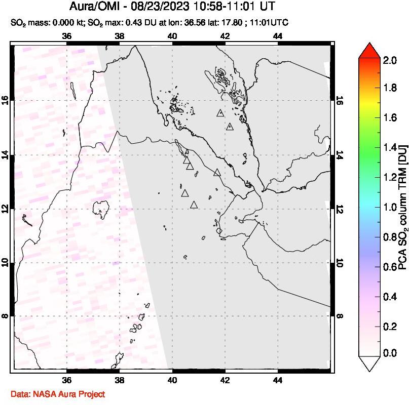 A sulfur dioxide image over Afar and southern Red Sea on Aug 23, 2023.