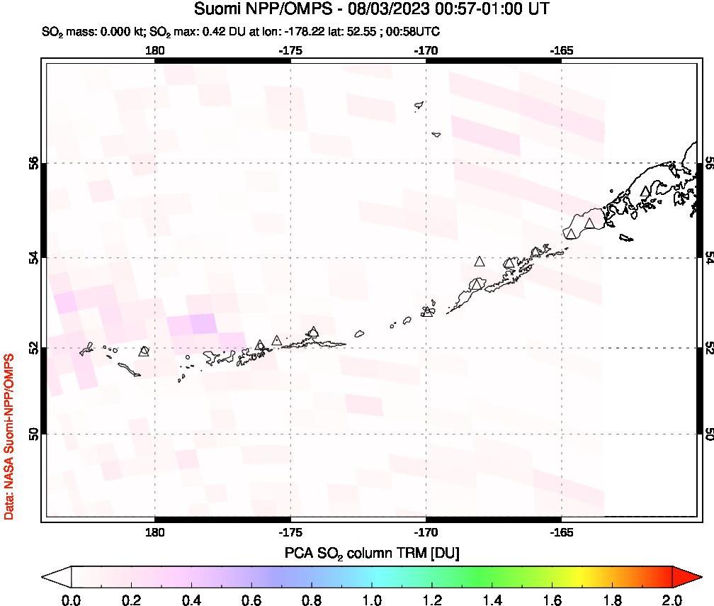 A sulfur dioxide image over Aleutian Islands, Alaska, USA on Aug 03, 2023.