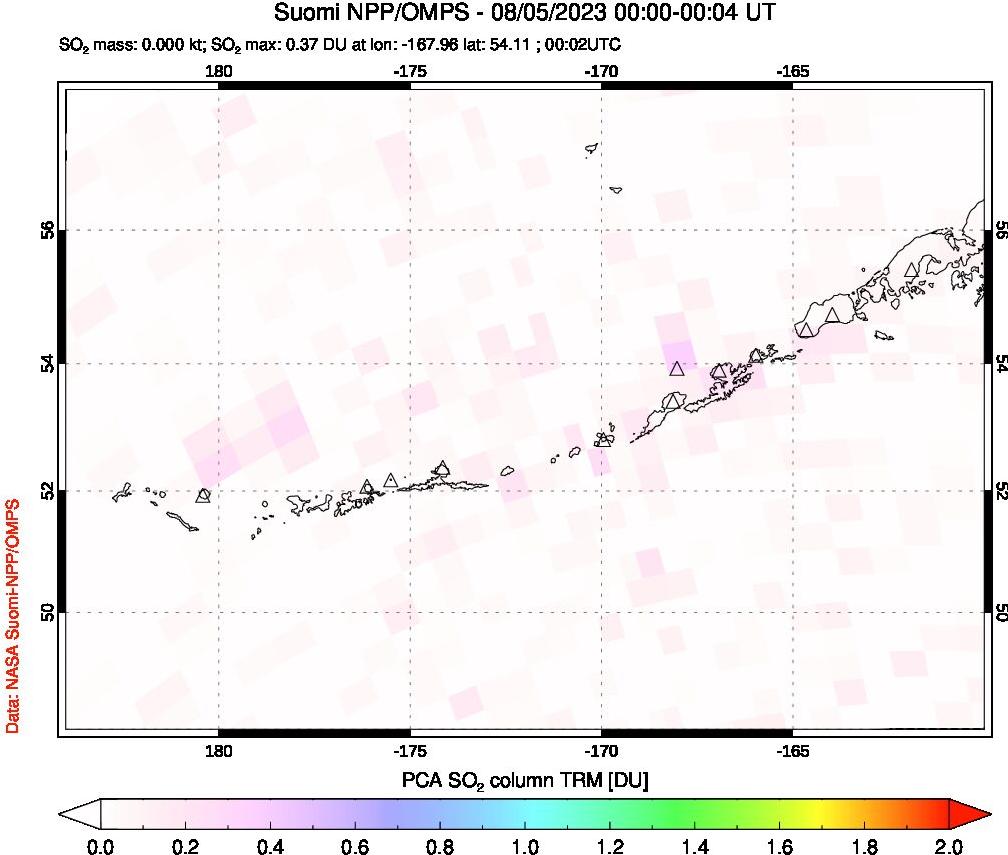 A sulfur dioxide image over Aleutian Islands, Alaska, USA on Aug 05, 2023.