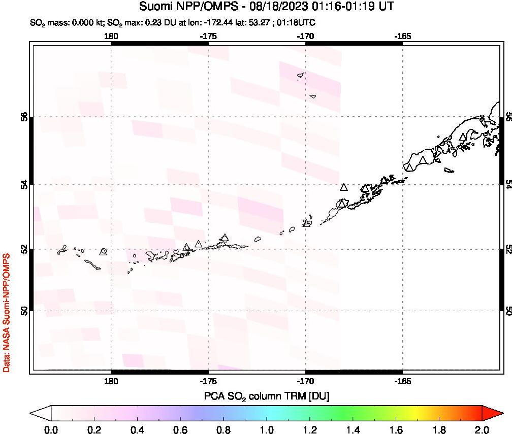 A sulfur dioxide image over Aleutian Islands, Alaska, USA on Aug 18, 2023.