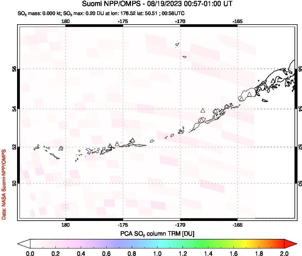 A sulfur dioxide image over Aleutian Islands, Alaska, USA on Aug 19, 2023.