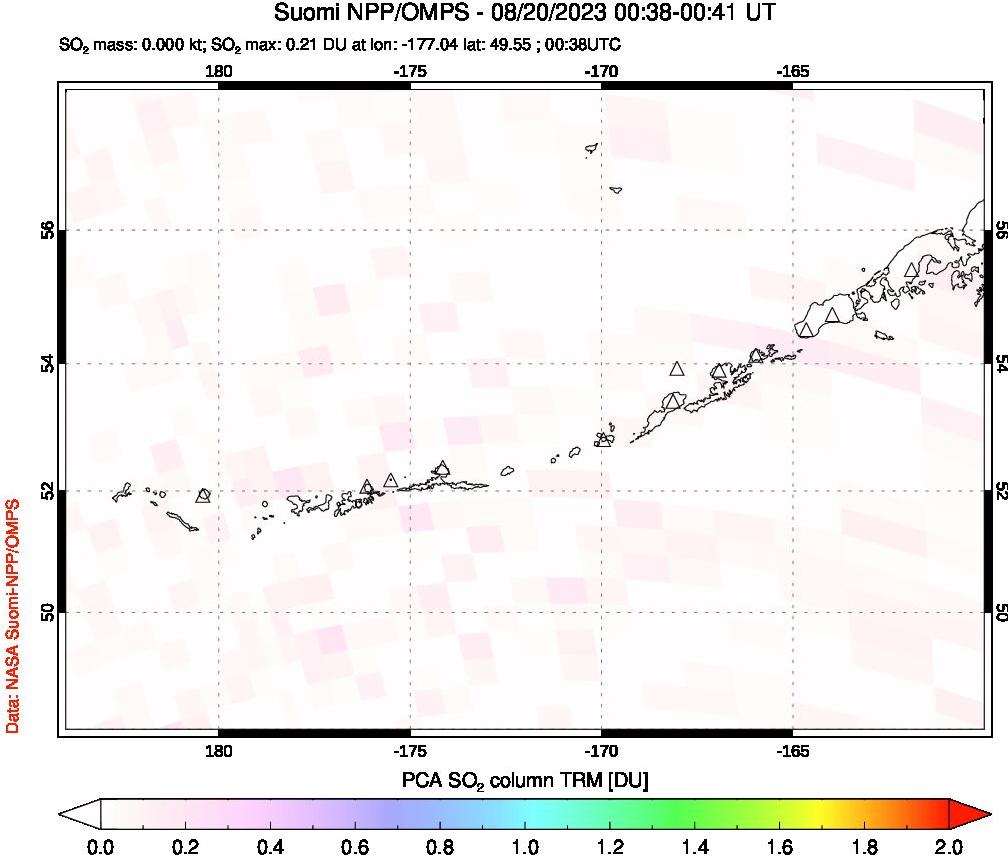 A sulfur dioxide image over Aleutian Islands, Alaska, USA on Aug 20, 2023.