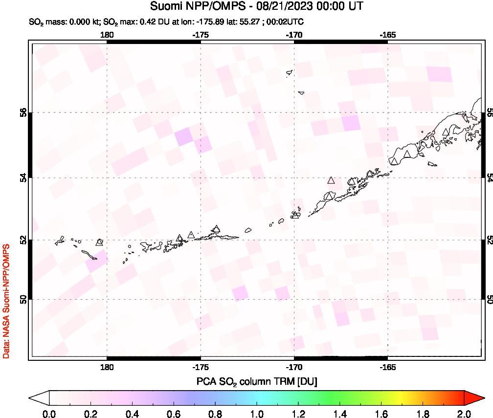 A sulfur dioxide image over Aleutian Islands, Alaska, USA on Aug 21, 2023.