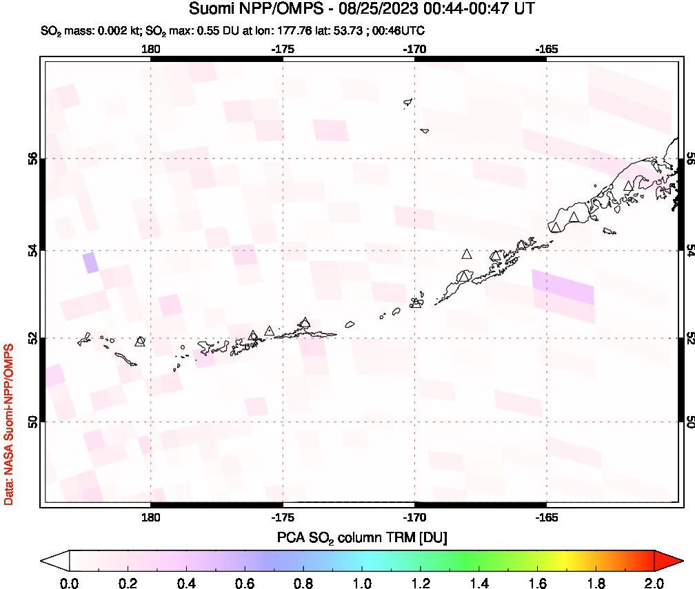 A sulfur dioxide image over Aleutian Islands, Alaska, USA on Aug 25, 2023.
