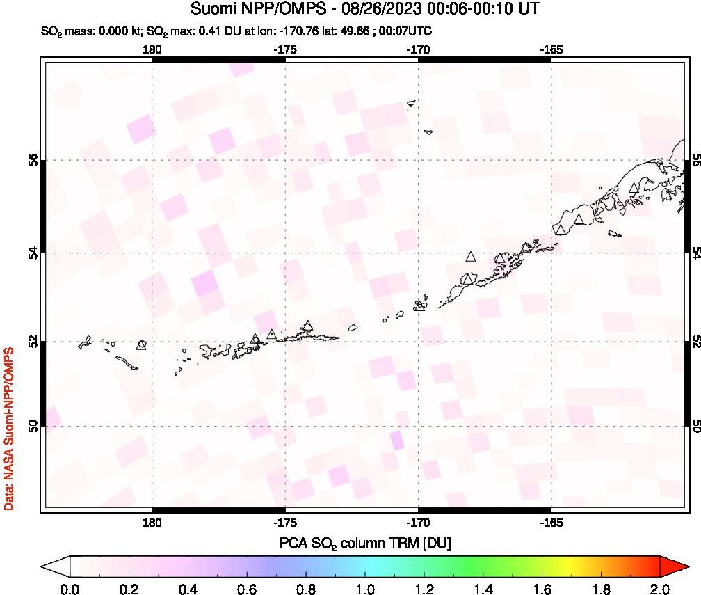 A sulfur dioxide image over Aleutian Islands, Alaska, USA on Aug 26, 2023.
