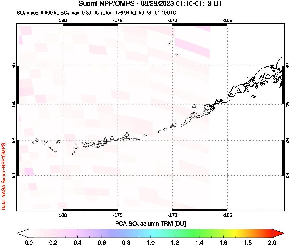 A sulfur dioxide image over Aleutian Islands, Alaska, USA on Aug 29, 2023.