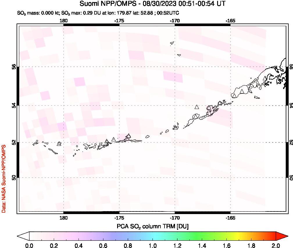 A sulfur dioxide image over Aleutian Islands, Alaska, USA on Aug 30, 2023.