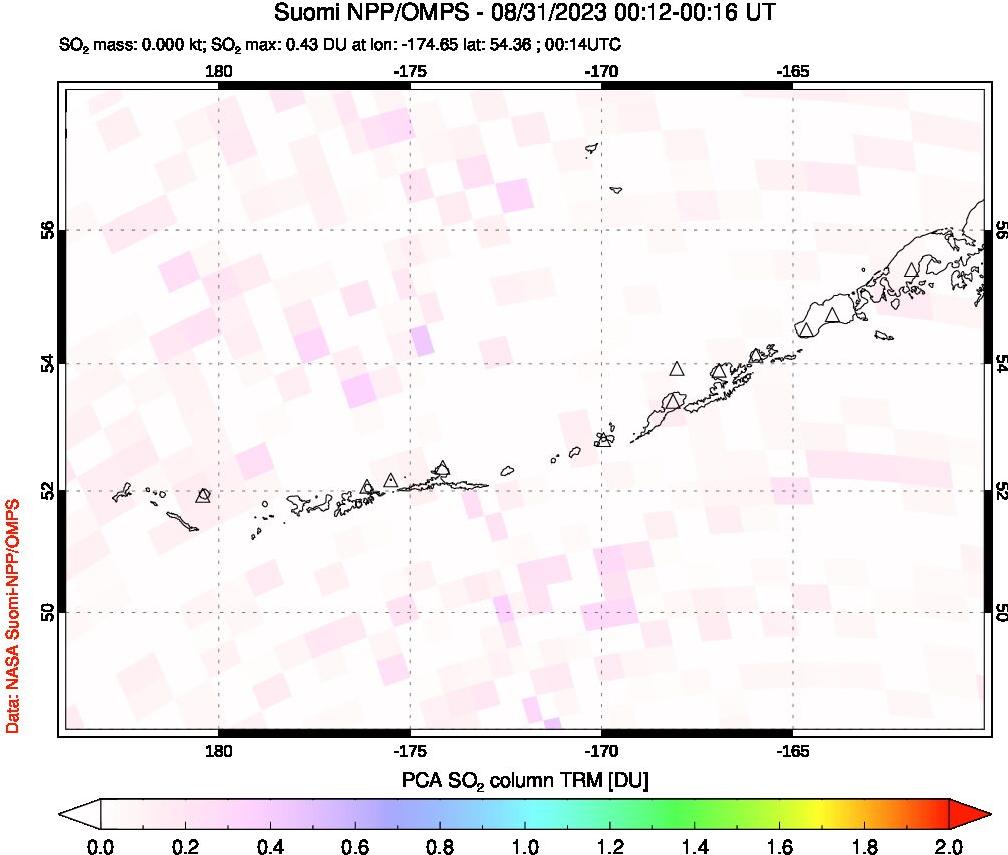 A sulfur dioxide image over Aleutian Islands, Alaska, USA on Aug 31, 2023.