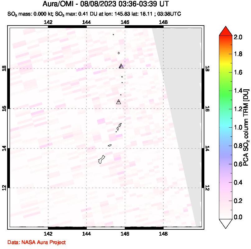 A sulfur dioxide image over Anatahan, Mariana Islands on Aug 08, 2023.