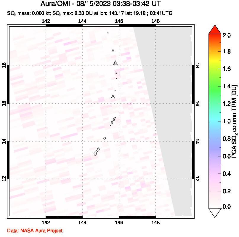 A sulfur dioxide image over Anatahan, Mariana Islands on Aug 15, 2023.