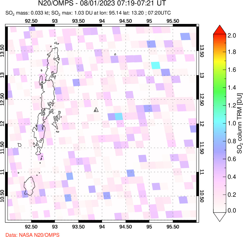 A sulfur dioxide image over Andaman Islands, Indian Ocean on Aug 01, 2023.