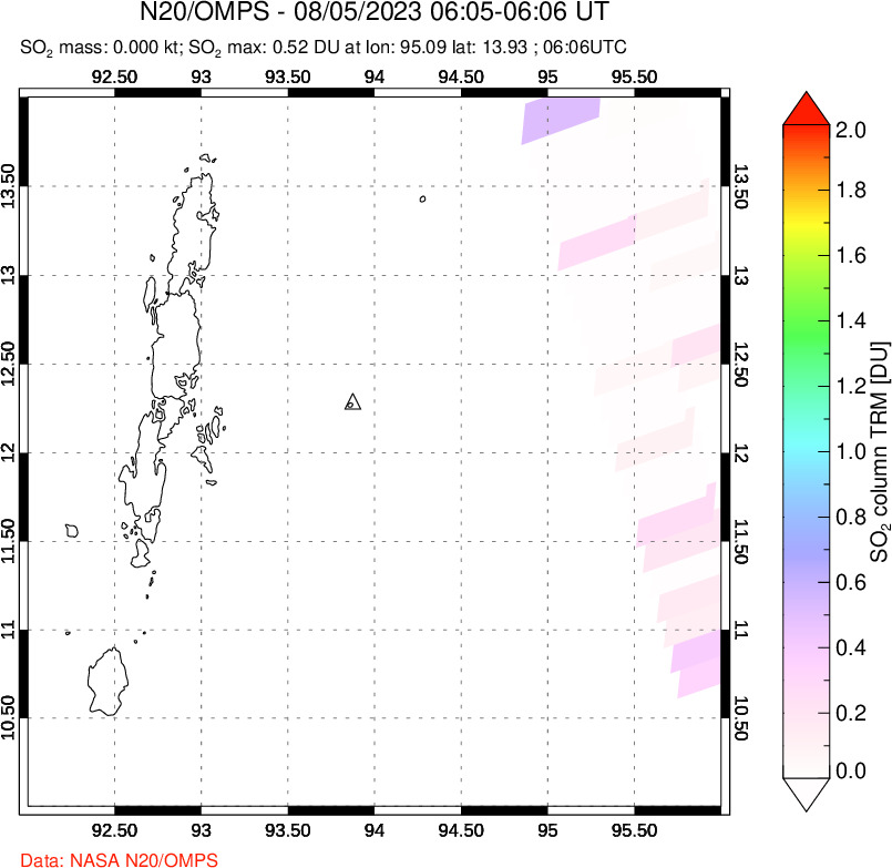 A sulfur dioxide image over Andaman Islands, Indian Ocean on Aug 05, 2023.